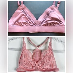 2 VICTORIAS SECRET BRA BRALETTES PINK SMALL PURPLE NO WIRE TRIANGLE USED BRALET